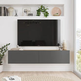 Meuble TV suspendu Oasis design moderne en bois clair et gris anthracite - Vue de face dans un salon contemporain